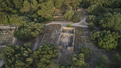 Workshop of Phidias and Early Christian Bailica, morning light, aerial view of ancient ruins in the