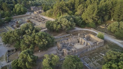 Soft morning light, workshop of Phidias and early Christian Bailika, aerial view of building ruins
