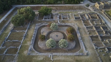 Soft morning light, central part of Leonidaion, aerial view of ancient foundations surrounded by