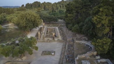 Altar of Hera, Hera Temple, old building floor plan in wooded surroundings, drone shot,