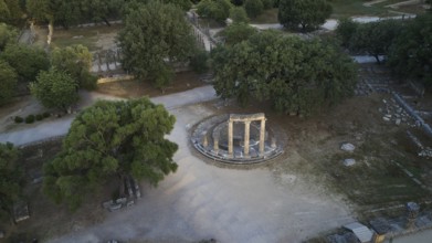 Philippeion, overview of ancient ruins and dense trees, drone photo, archaeological site, Ancient