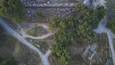 Temple of Zeus, Temple of Zeus, Old Stone Structures Scattered Between Trees and Small Paths, Drone