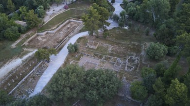 Ancient Gymnasium, North East Propylon, Prytaneion, aerial view of an archaeological site with