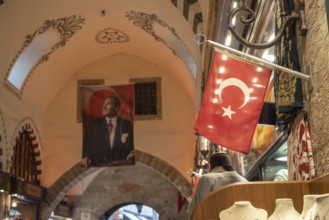Istanbul, Turkey 8th January 2025 The Turkish flag and portrait of Mustafa Kemal Ataturk displayed