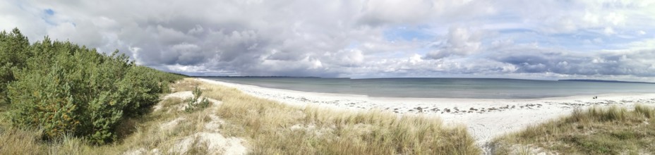 Wide beach with dunes and sea under dramatic sky, Rügen, Baltic Sea