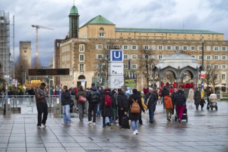 People stroll on Konigsstraße, Schlossplatz, Pavilion, Old Station Tower, Bonatzbau, Subway