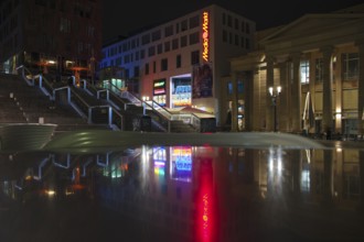 Night view, reflection, neon lighting, logo media market, Tegut, action, Subway, Postbank,