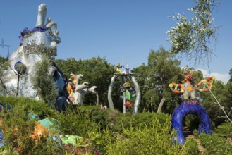 Colourful sculptures made of glass and mirrors, Giardino dei Tarocchi, Garden of Tarot, by Niki de