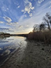 Lake at sunset, cloudy sky and shore lined with reeds, Kausldorfer Seen, Berlin