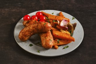 A plate holds natural casing sausages alongside roasted sweet potatoes and cherry tomatoes. The