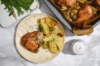 A plate holds pieces of chicken next to sliced and cooked potatoes. Fresh herbs are sprinkled on