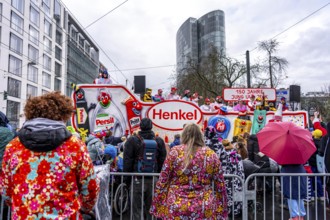 Rose Monday procession in Düsseldorf, theme car from companies, here chemical company Henkel, at