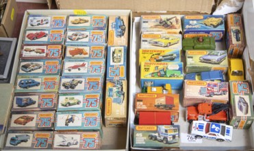 Collection of vintage Matchbox 75 Series die-cast models in their original 'L-Style' and 'K-Style'