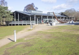 The King's River Café and visitor centre Sutton Hoo, Woodbridge, Suffolk, England, UK and sculpture