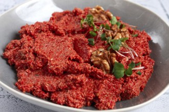 Mahammara red pepper sauce, with walnuts, and sprigs of fresh microgreens, homemade, no people