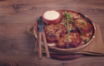 Potato pancakes, pancakes with sour cream, Belarusian dish, homemade, no people