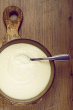 Mashed potatoes, with suluguni cheese, homemade, on a wooden table, no people, top view