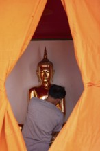 Bangkok, Thailand. March 25th 2025. A golden Buddha image covered in orange cloth in preparation
