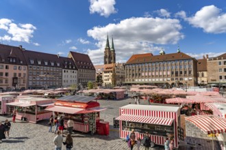 Market stalls on the main market and St. Sebaldus Church in Nuremberg, Bavaria, Germany