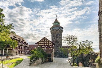 Burghof and Sinwell Tower of Nuremberg Castle in Nuremberg, Bavaria, Germany