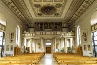 Interior and organ of the Catholic Church of Our Lady in Fürth, Middle Franconia, Bavaria, Germany