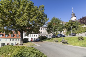 Houses on Altmarkt, St. Christophori church in the background, Hohenstein-Ernstthal, Saxony,