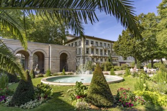 Fountain in the spa garden and arcade construction in the state spa Bad Kissingen, Lower Franconia,
