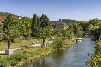The Franconian Saale and Regentenbau in the Staatsbad Kissingen, Lower Franconia, Bavaria, Germany