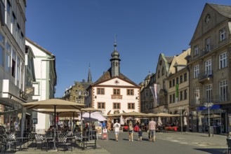 Market square with old town hall in Bad Kissingen state swimming pool, Lower Franconia, Bavaria,