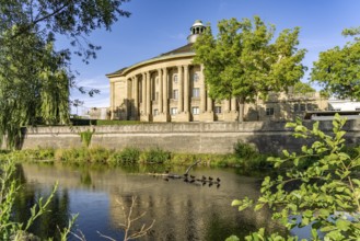 Regentenbau with Franconian Saale in the Bad Kissingen state swimming pool, Lower Franconia,