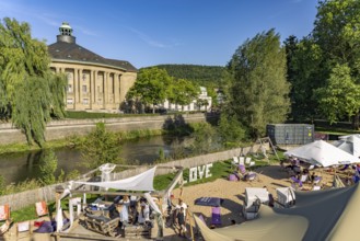 Kiss Beach beer garden and beach bar on the Franconian Saale and Regentenbau in the Bad Kissingen