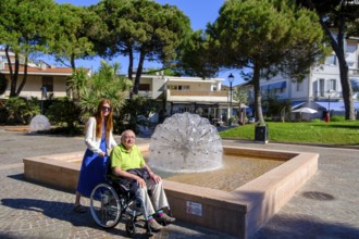Pedestrian zone, fountain in the Marchesan park, Grado, Julian Friuli, Adriatic Sea, Italy