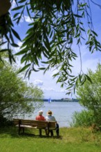 Seniors, family, couple on a rest area, Fraueninsel, Chiemsee, Chiemgau, Upper Bavaria, Bavaria,