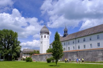Kloster, Frauenwörth, with church tower, Campanile, Fraueninsel, Chiemsee, Chiemgau, Upper Bavaria,