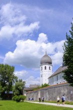 Kloster, Frauenwörth, with church tower, Campanile, Fraueninsel, Chiemsee, Chiemgau, Upper Bavaria,
