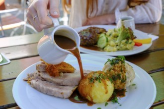 Roast pork with dumplings and sauce, Steiner Bräustüberl, Stein an der Traun, Chiemgau, Upper