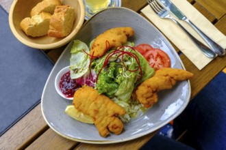 Styrian fried chicken salad, salad with fried chicken and pumpkin seeds, food, Achenkirch, Tyrol,