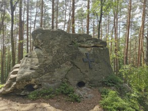 Large rock with inscription, war memorial in a light-flooded forest, hiking in the Franconian