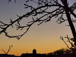 Branches in the foreground against a colorful sunset sky with the silhouette of Rosenberg Fortress