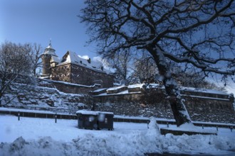 Kaiserburg and Sinwell Tower in winter, Nuremberg, Middle Franconia, Bavaria, Germany