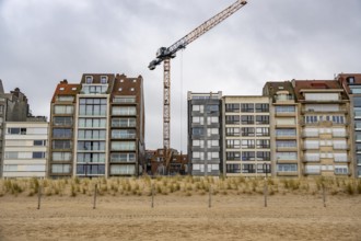 The skyline of Knokke-Heist, on the North Sea beach, dreary winter day, mostly apartment buildings