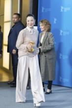 Michelle Yeoh with the Golden Bear arriving for the photocall at the Hyatt Hotel Berlin on 13.02