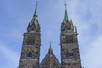 Towers of the Gothic Church of St. Lorenz, Nuremberg, Middle Franconia, Bavaria, Germany