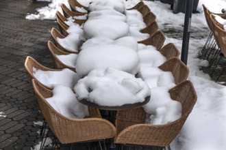 Tailored bistro tables and chairs in front of a café, pedestrian zone, Nuremberg, Middle Franconia,