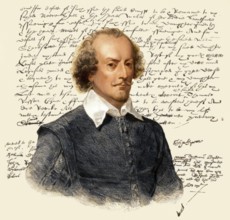 Portrait and facsimile of the testament of William Shakespeare, 1564 - 1616, English playwright,