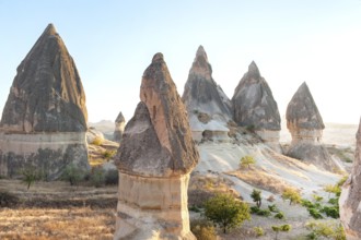 Phallic shaped rock formations in the volcanic landscape of Cappadocia national park in the