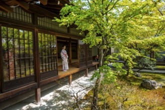Japanese woman dressed in kimono in Kennin-ji Buddhist temple, O-shoin courtyard with Shione