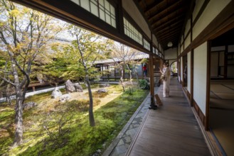 Japanese woman dressed in kimono, O-shoin courtyard with Shione garden, Kennin-ji Temple,