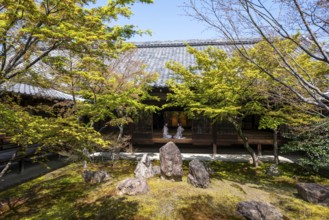 Two Japanese woman dressed in kimono sitting at an open door, courtyard of O-shoin with Shione