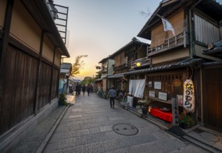 Historic street in the old town with traditional Japanese houses, evening mood, sunset,